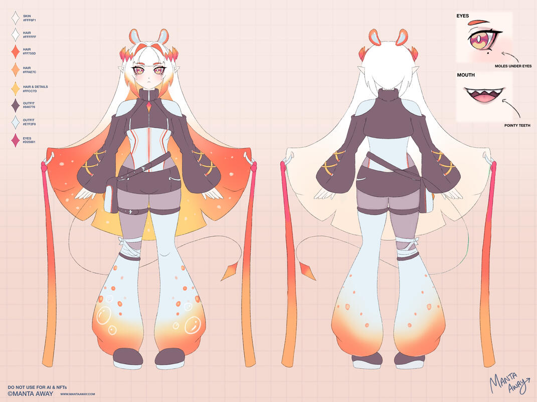 Manta’s DORFic Reference Sheet. Manta Ray girl with DORFic skin changing her outfit to orange.