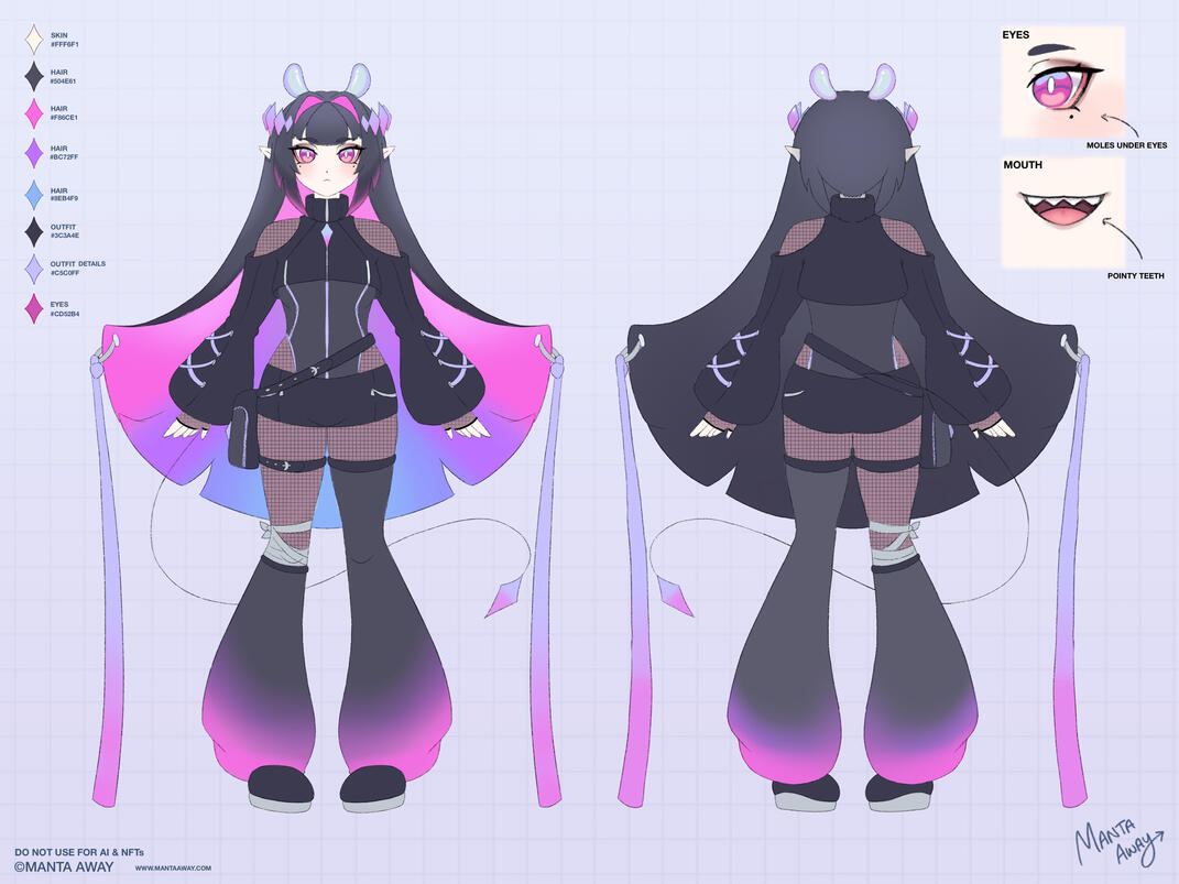 Manta’s Dark Mode Reference Sheet. Manta Ray girl with Dark Mode skin changing her outfit to Dark Purple with light blueish purple accents.