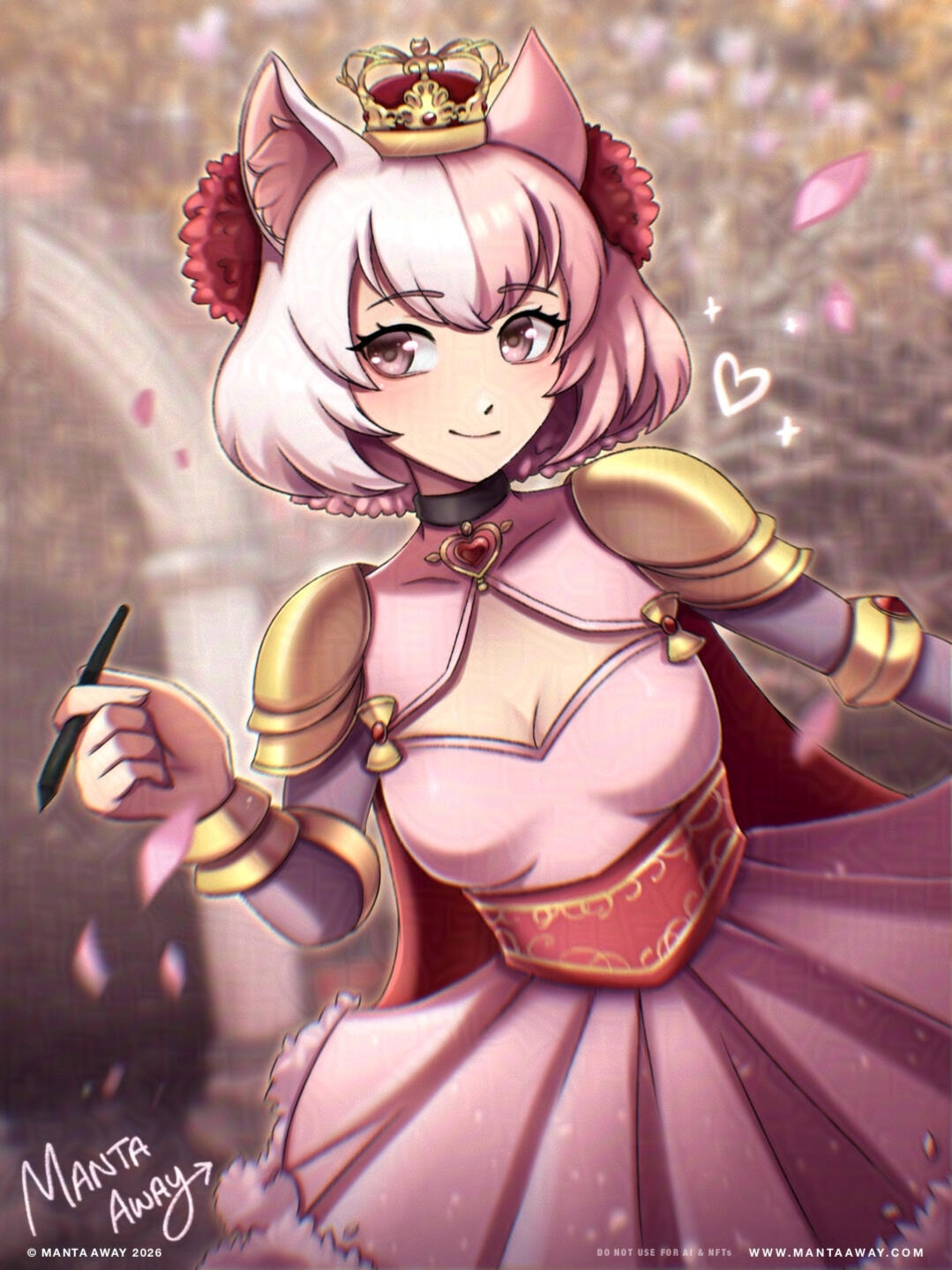 Sayuui by MantaAway Sayuui, Royal Cat VTuber Artist posing holding her drawing pen with blossom floating in the air.