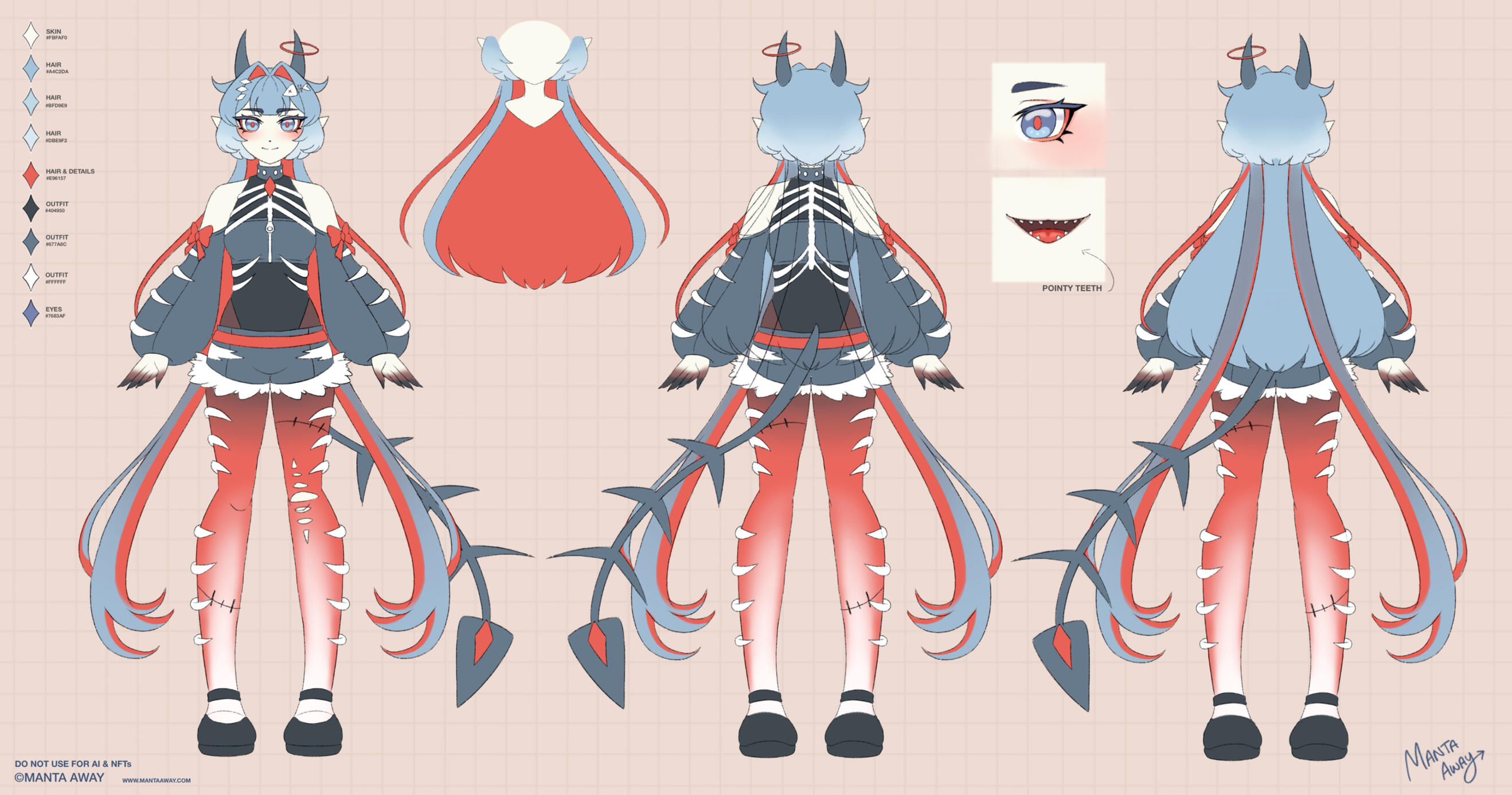 Bones Reference Sheet Bones’ Reference Sheet. Blue and Blood Orange Zombie Salmon wearing outfit made of bones.